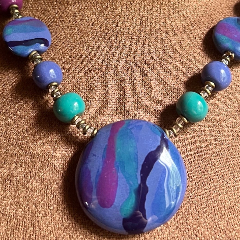 Vintage Artisan Blue Purple Swirl Glazed Bead Statement Necklace 19" Art Deco